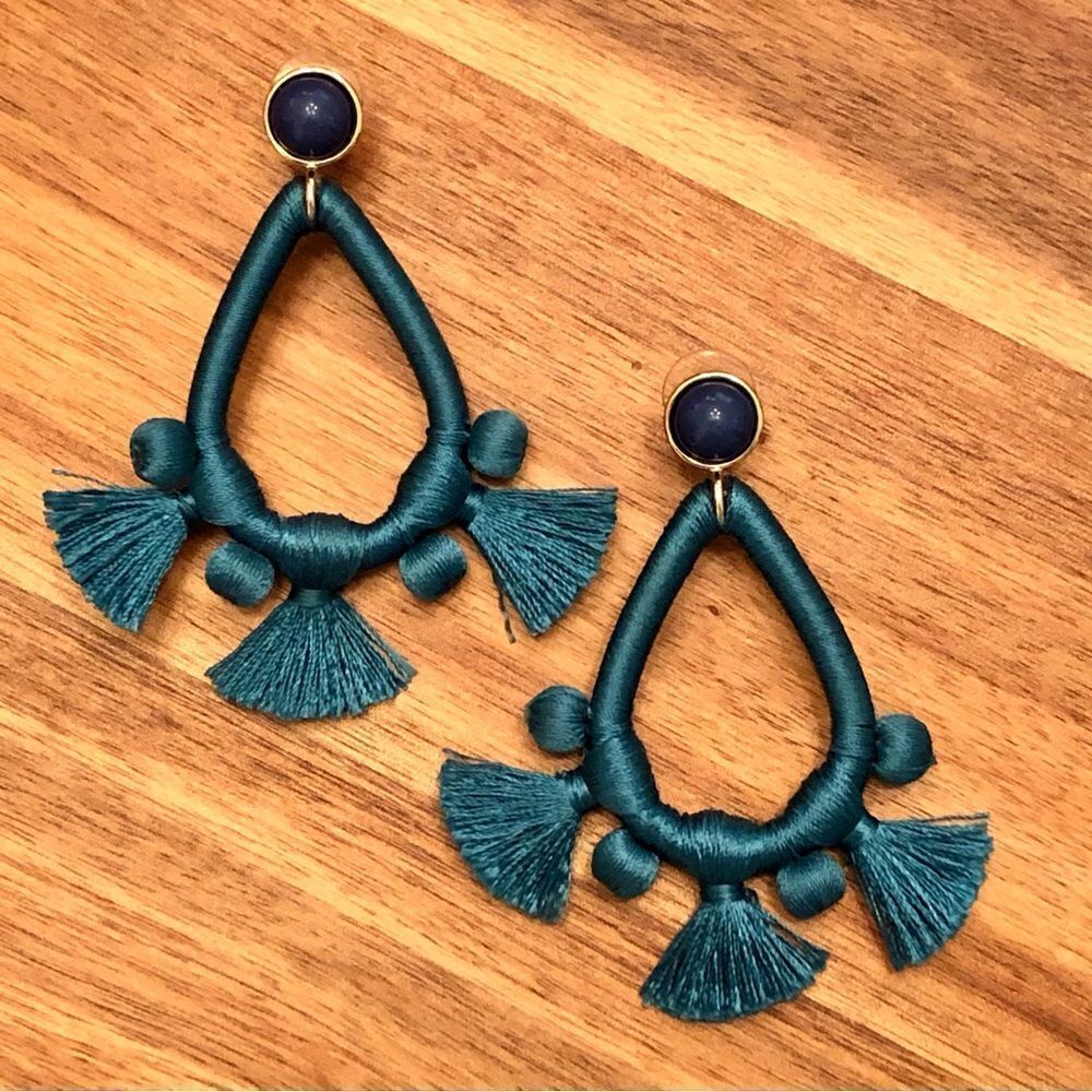 BaubleBar | Teal Teardrop Tassel Earrings | 3” Length